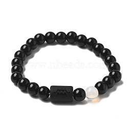 12 Constellations Protetion Aquamarine & Black Obsidian Round Beads Stretch Bracelets for Men Women, Aquarius, Perimeter: 7-1/2 inch(19cm)(WG083ED-11)