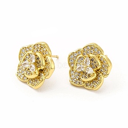 Rack Plating Brass Micro Pave Cubic Zirconia Stud Earrings for Women, Long-Lasting Plated, Lead Free & Cadmium Free, Flower, Real 18K Gold Plated, 14.5x15mm, Pin: 1mm(EJEW-H091-13G)