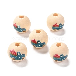 Printed Wood European Beads, Large Hole Beads, Round with Car and Heart Pattern, Dodger Blue, 16x15mm, Hole: 4mm(WOOD-F011-08B)
