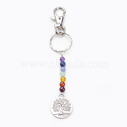 Tibetan Style Alloy Keychain, with Natural Gemstone Beads, Iron Key Rings and Alloy Swivel Lobster Claw Clasps, Flat Round with Tree of Life, Mixed Color, 137mm(KEYC-JKC00150-01)