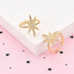 Brass Micro Pave Clear Cubic Zirconia Cuff Rings for Women, Star, Cadmium Free & Lead Free, Real 18K Gold Plated, 22.2mm, Inner Diameter: 17mm(KK-T074-07G)
