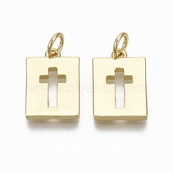 Brass Pendants, with Jump Ring, Rectangle with Cross, Nickel Free, Real 18K Gold Plated, 15.5x10.5x2mm, Hole: 3mm(X-KK-R133-007G-NF)