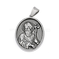 304 Stainless Steel Pendants, Oval with Saint Patrick Charm, Antique Silver, 36x26x5.5mm, Hole: 8x4mm(STAS-M103-01AS-05)