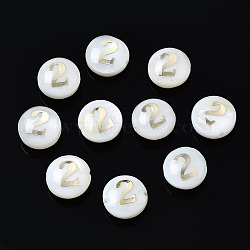 Natural Freshwater Shell Beads, with Golden Plated Brass Metal Embellishments, Flat Round with Number, Num.2, 8x4.5mm, Hole: 0.8mm(SHEL-N003-20-02)