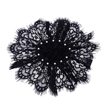 Embroidered Floral Lace Collar, Neckline Trim Clothes Sewing Applique Edge, with Plastic Imitation Pearl Beads, Black, 180x210x10.5mm, Inner Diameter: 120mm