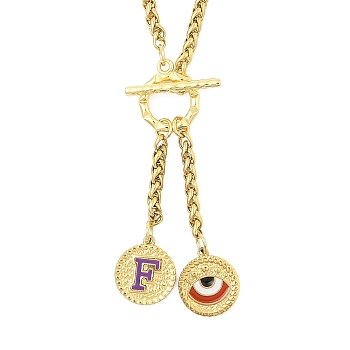 Ion Plating(IP) 304 Stainless Steel Purple Enamel Letter & Eye Pendant Wheat Chain Necklaces, with Toggle Clasps, Golden, Letter F, 20.47~20.87 inch(52~53cm)