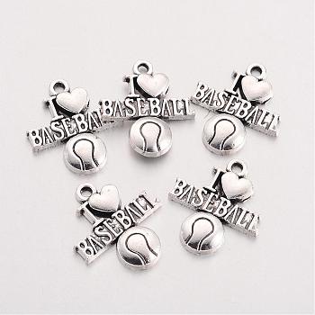 Tibetan Style Alloy Message Pendants, Sports Charms, Phrase I Love Baseball, Cadmium Free & Lead Free, Antique Silver, 21.5x18.7x3mm, Hole: 2mm, about 263pcs/500g