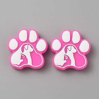 Paw Print Food Grade Eco-Friendly Silicone Beads, Chewing Beads For Teethers, DIY Nursing Necklaces Making, Hot Pink, 28x27x8mm, Hole: 2.5mm