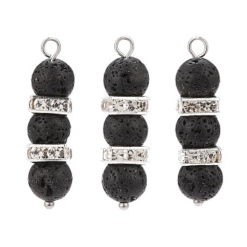 Natural Lava Rock Pendants, with Platinum Tone Brass Crystal Rhinestone Spacer Beads, Column Charms, 33x8x8mm, Hole: 2.3mm