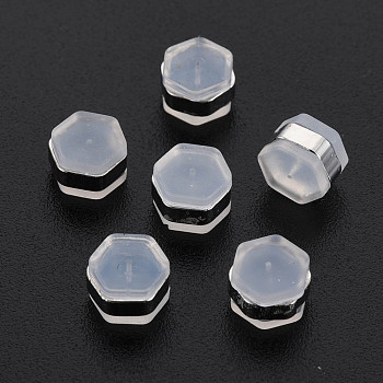 Silicone Ear Nuts, Earring Backs, with Brass Findings, Hexagon, Cadmium Free & Nickel Free & Lead Free, Platinum, 6x7x4.5mm, Hole: 0.7mm