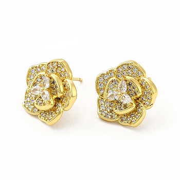 Rack Plating Brass Micro Pave Cubic Zirconia Stud Earrings for Women, Long-Lasting Plated, Lead Free & Cadmium Free, Flower, Real 18K Gold Plated, 14.5x15mm, Pin: 1mm