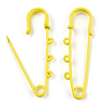 Spray Painted Iron Brooch Findings, Kilt Pins with Triple Loops, Yellow, 59x18x6mm, Hole: 2mm