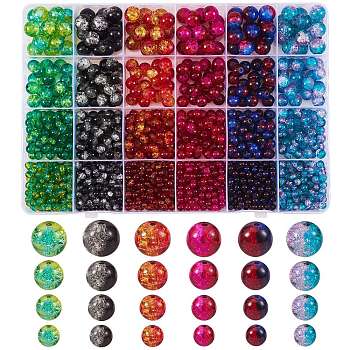 1500Pcs 24 Style Spray Painted Crackle Glass Beads, Round, Two Tone, Mixed Color, 4~8mm, Hole: 1.1~1.6mm