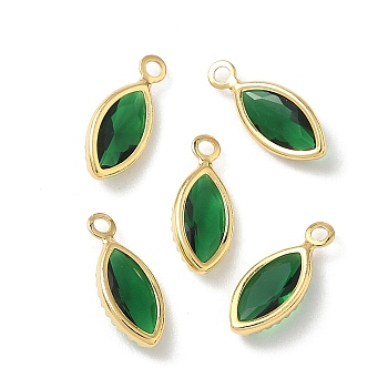 Brass Glass Charms, Horse Eye Charms, Nickel Free, Faceted, Real 18K Gold Plated, Green, 11.5x5x2.5mm, Hole: 1.2mm