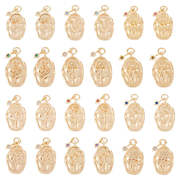 12Pcs 12 Styles Brass Rhinestone Pendants, Birth Flower Charms, Oval with Star, Real 18K Gold Plated, 23x13x2mm, Hole: 3mm, Star: 9x4x1mm, 1pc/style
