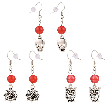Halloween Theme Alloy Dangle Earrings, with Imitation Gemstone Acrylic Round Beads and Brass Earring Hooks, Skull & Spider & Owl, Antique Silver, Red, 43~47mm, Pin: 0.6mml, 3pair/set