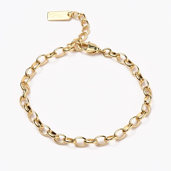 Brass Cable Chain Bracelets, with Lobster Claw Clasps, Long-Lasting Plated, Word Hand Made, Real 18K Gold Plated, 7-5/8 inch(19.5cm)