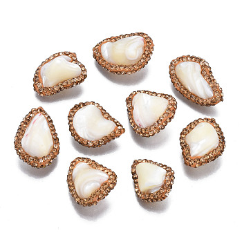 Natural Trochid Shell/Trochus Shell Beads, with Polymer Clay Rhinestone, Twist Oval, Chocolate, White, PP13(1.9~2mm), 16~23x13.5~17x7.5~10mm, Hole: 0.7~0.9mm