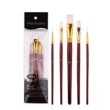 Painting Brush Set, Nylon Brush Head with Wooden Handle and Gold Plated Aluminium Tube, for Watercolor Painting Artist Professional Painting, Dark Red, 18~20.5cm, 5pcs/set