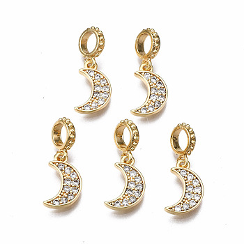 Brass Micro Pave Clear Cubic Zirconia Pendants, Nickel Free, Moon, Real 18K Gold Plated, 20x7.5x2mm, Hole: 4mm, Ring: 9x7x2mm, Moon: 12x7.5x1.5mm
