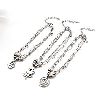 304 Stainless Steel Paperclip & Cable Chains Double Layer Multi-strand Bracelet with Charm for Women, Stainless Steel Color, Mixed Patterns, Pendant: 16~22x10~12.5x2mm, 7-1/8 inch(18cm)