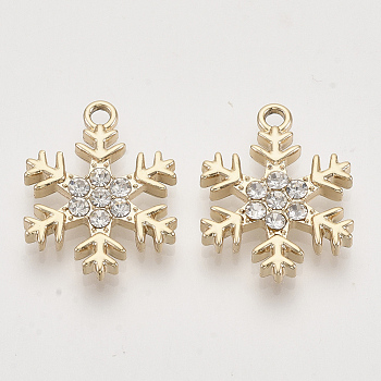 Alloy Pendants, with Crystal Rhinestones, Snowflake, Light Gold, 22x17x3mm, Hole: 2mm