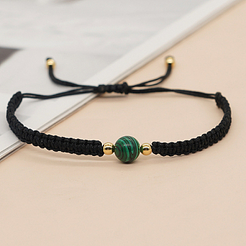Synthetic Malachite Round Braided Bead Bracelet, Black Adjustable Bracelet, Bead: 8mm