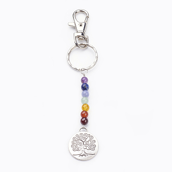 Tibetan Style Alloy Keychain, with Natural Gemstone Beads, Iron Key Rings and Alloy Swivel Lobster Claw Clasps, Flat Round with Tree of Life, Mixed Color, 137mm
