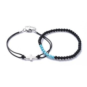 Men's Bracelets Sets, with Natural Lava Rock Beads, Faceted Synthetic Turquoise(Dyed) Beads, 304 Stainless Steel Findings and Korean Waxed Polyester Cord, Stainless Steel Color, 7-1/2 inch(19cm), 2mm, 2-3/8 inch(5.9cm), 2pcs/set