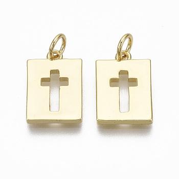 Brass Pendants, with Jump Ring, Rectangle with Cross, Nickel Free, Real 18K Gold Plated, 15.5x10.5x2mm, Hole: 3mm