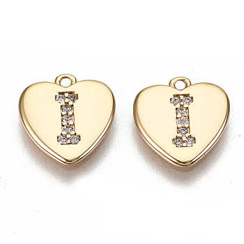 Brass Micro Pave Clear Cubic Zirconia Charms, Nickel Free, Real 18K Gold Plated, Flat Heart, Letter.I, 10x10x1mm, Hole: 1mm