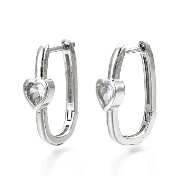 Brass Micro Pave Clear Cubic Zirconia Huggie Hoop Earring, Nickel Free, Oval with Heart, Platinum, 21.5x6.5x14mm, Pin: 1.2mm