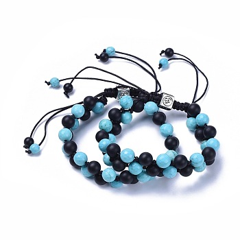 Synthetic Turquoise & Natural Black Agate Braided Bead Bracelets, with Tibetan Style Alloy European Beads and Nylon Thread, Lover Bracelets, Female: 2-1/4"~3-1/8"((5.6~8.1cm), Male: 2-3/8"~3-3/4"(6.1~9.4cm), 2pcs/set