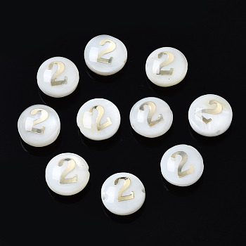 Natural Freshwater Shell Beads, with Golden Plated Brass Metal Embellishments, Flat Round with Number, Num.2, 8x4.5mm, Hole: 0.8mm
