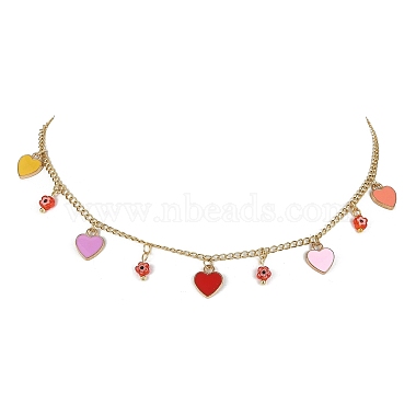 Alloy Heart & Millefiori Glass Flower Bib Necklace with Ion Plating(IP) Handmade 304 Stainless Steel Chains(NJEW-JN04403)-2