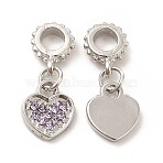 Rack Plating Alloy Rhinestone European Dangle Charms, Large Hole Charms, Heart, Platinum, Tanzanite, 23mm, Heart: 11.6x10x1.6mm, Hole: 4.5mm(PALLOY-P289-14P-01)