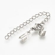 201 Stainless Steel Chain Extender, Soldered, with Cord Ends and Lobster Claw Claspss, Stainless Steel Color, 30mm long, Lobster: 10x7x3.5mm, Cord End: 8x2.5x2.5mm, 2mm Inner Diameter, Chain Extenders: 48~50mm(STAS-S076-92)