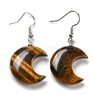 Natural Tiger Eye Crescent Moon Dangle Earrings, Rack Plating Platinum Brass Earrings, Cadmium Free & Lead Free, 42x21mm(EJEW-P241-01P-01)