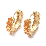 Flower Real 18K Gold Plated Brass Hoop Earrings, with Enamel, Orange, 19x6mm(EJEW-L268-015G-05)