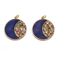 Brass Micro Pave Colorful Cubic Zirconia Pendants, Long-Lasting Plated, with Jump Rings & Enamel, Flat Round with Moon & Star, Real 18K Gold Plated, Blue, 24x22x2.5mm, Hole: 3.2mm(ZIRC-B0003-07G-B)