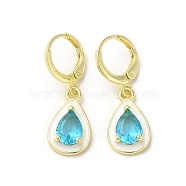 Teardrop Real 18K Gold Plated Brass Dangle Leverback Earrings, with Enamel and Glass, Deep Sky Blue, 29x10mm(EJEW-L268-026G-01)