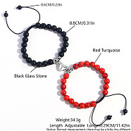 2 Pcs Synthetic Black Stone & Red Turquoise Couple Bracelets with Heart Magnetic Attraction, Adjustable Bracelets for Men and Women, 11-3/8 inch(29cm)(EH4505-1)