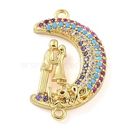 Rack Plating Brass Micro Pave Colorful Cubic Zirconia Moon with Couple Connector Charms, Long-Lasting Plated, Lead Free & Cadmium Free, Real 18K Gold Plated, 24x15x3.5mm, Hole: 1.4mm(KK-A234-083G)