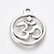 Tibetan Style Alloy Pendants, Flat Round with Om Symbol, Lead Free & Cadmium Free, Antique Silver, 21x18x2mm, Hole: 1.5mm, about 292pcs/500g(TIBE-T010-23AS-RS)