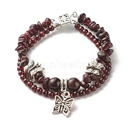 Natural Garnet Chip Beads Multi-strand Bracelet, Butterfly Charm Double Layered Bracelet for Teen Girl Women, Antique Silver, 7-5/8 inch(19.5cm)(BJEW-JB07052-03)