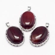 Natural Carnelian Pendants, with Brass Findings, Oval, Dyed, Platinum, 30x21x10~11mm, Hole: 6x4mm(G-D851-05)