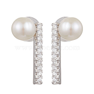 Natural Pearl Ear Studs, with Sterling Silver Micro Pave Cubic Zirconia Findings, Round, Platinum, 14.5x7.5mm(EJEW-P286-18P)