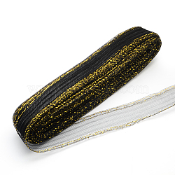 Mesh Ribbon, Plastic Net Thread Cord, with Golden Metallic Cord, Black, 4.5cm, about 25yards/bundle(PNT-R010-4.5cm-G08)