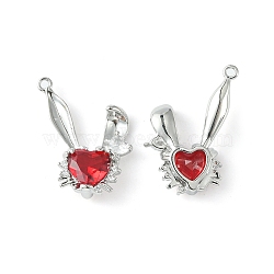 Brass Micro Pave Cubic Zirconia Pendants, Rabbit Head Charm, Real Platinum Plated, Red, 24x20.5x5mm, Hole: 1.5mm(KK-L208-05P-02)