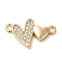 Brass Micro Pave Clear Cubic Zirconia Connector Charms, Double Heart Links, Real 18K Gold Plated, 10x18x2mm, Hole: 1.4mm(KK-G503-33G)